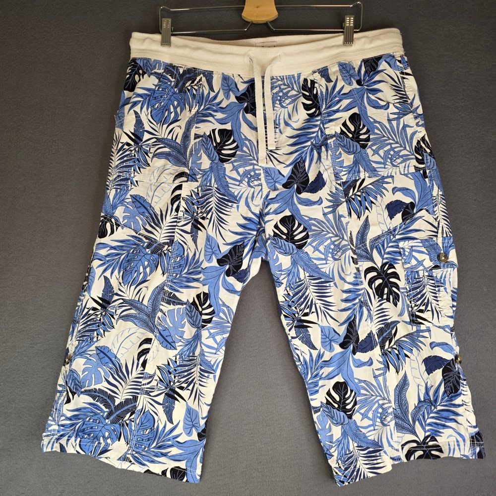 Dash Tropical Leaf Print Capri Cargo Pants Womens XL Blue White Stretch Waist